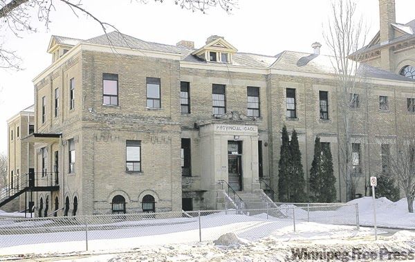 A photo of a jail in with a snowy landscape, “Provincial Gaol” above the door