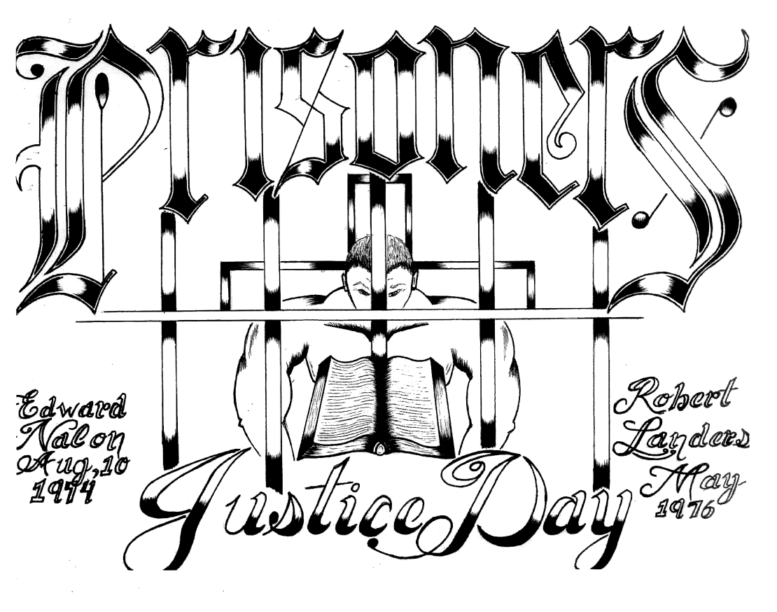 Prisoners Justice Day artwork in commemoration of Edward Nalon and Robert Landers May. A muscular figure is behind bars in the centre, reading a book.