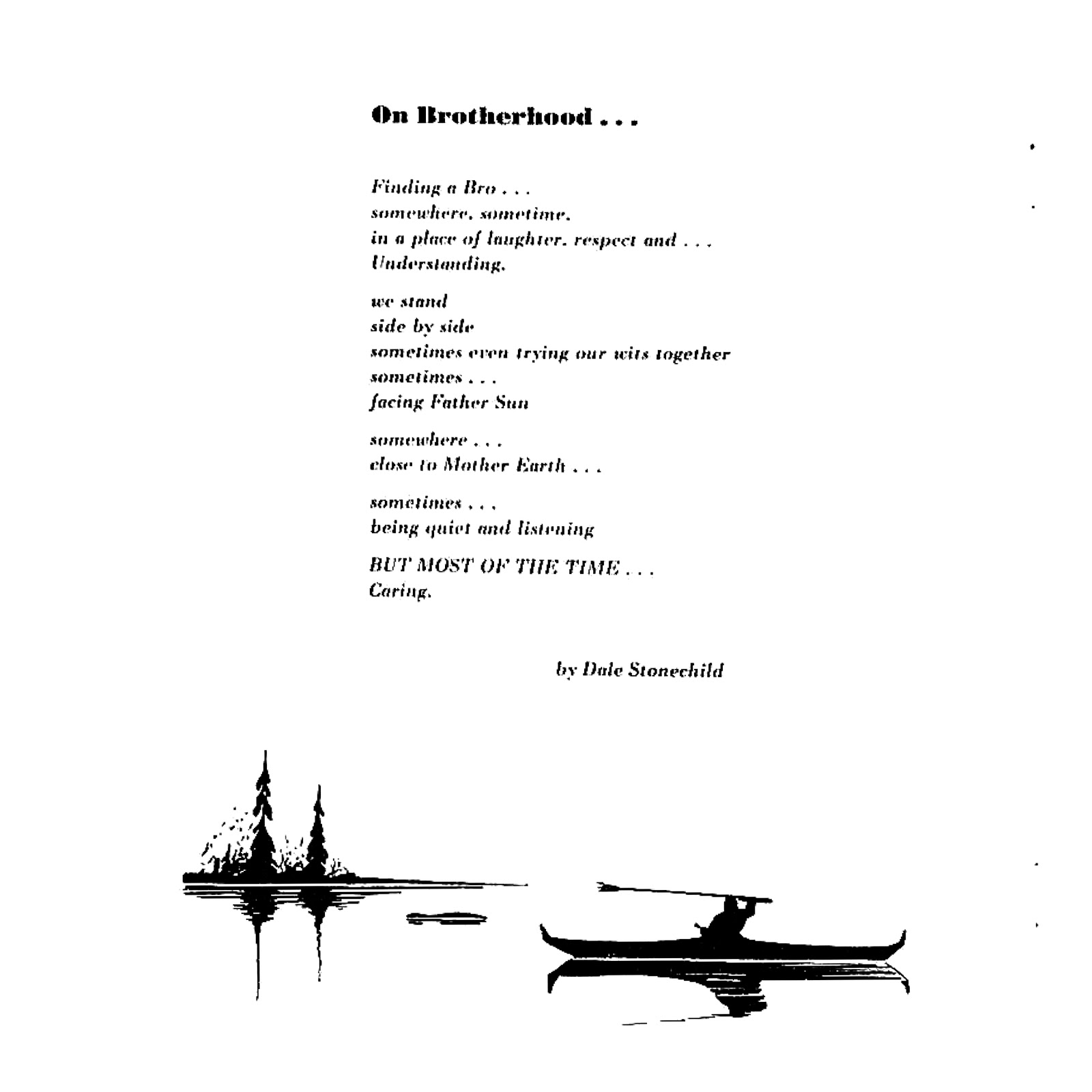 An image of a poem by Dale Stonechild, entitled “On Brotherhood.” Below the poem is a picture of a man canoeing with trees in the background