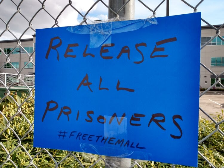 A photograph of a dark blue poster taped to a chain-link fence with the words “Release All Prisoners #FreeThemAll” written in black marker.