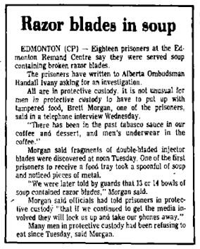 A newspaper clipping titled “Razor blades in soup”